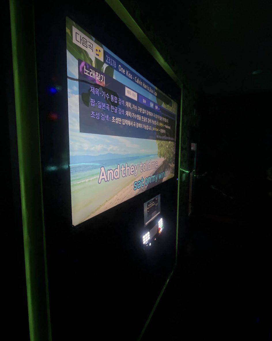 A noraebang screen glowing in a dark room, a lyric line filling in across it