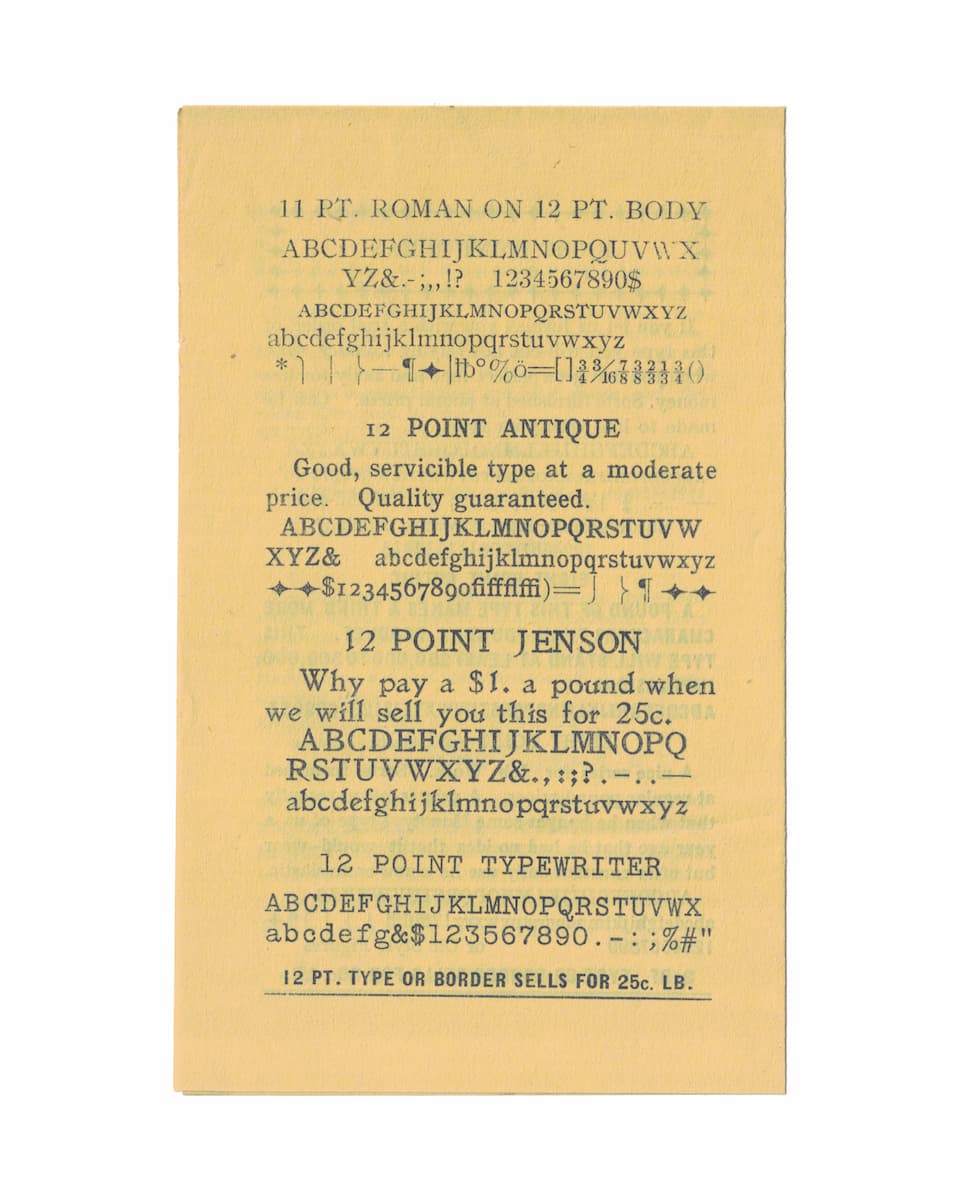 Specimen sheet from the Chemung Printing Company showing 11 pt Roman, 12 point Antique, Jenson, and Typewriter type