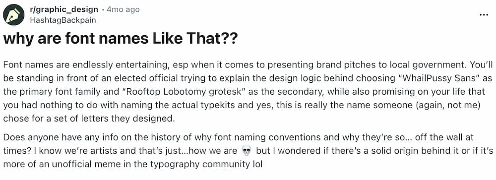 Reddit post asking why font names are like that